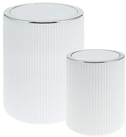 bremermann GAVELLO - 2 secchi per WC con coperchio ribaltabile, mini secchio da bagno, 1,5 l e 5,5 l con decorazione scanalata, plastica (bianco)