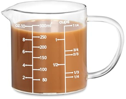 77L Glass Measuring Cup, Clear Liquid Measuring Cup with V-Shaped Spout and Three Scales, High Borosilicate Glass Beaker with Handle for Kitchen or Restaurant, 300 ML (0.3 Liter, 1 1/4 Cup)
