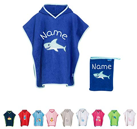 SET Kinder Badetuch Poncho und Waschhandschuh Waschlappen bestickt Playshoes | personalisiert mit Namen | Baby Kapuze Bademantel | Robe | Baumwolle (dunkelblauer Hai S)
