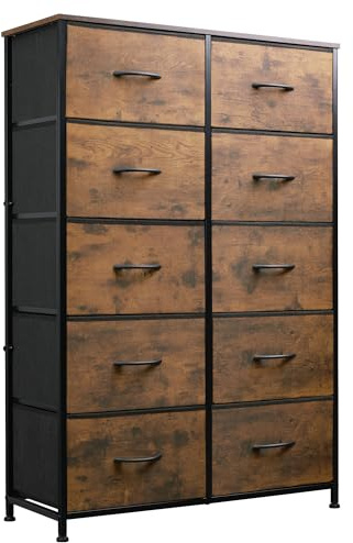 WLIVE Tall Dresser for Bedroom with 10 Drawers, Fabric Dresser for Closet, Storage Tower with Cabinet, Metal Frame, Rustic Brown Wood Grain Print