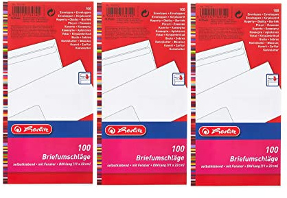 Herlitz Briefumschlag DIN Lang Selbstklebend, 100 Stück mit Innendruck in Folienpackung, eingeschweißt, weiß (3er Pack)