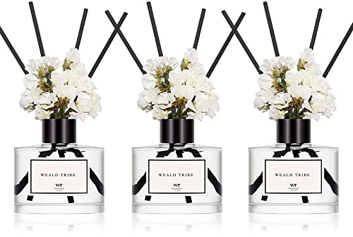 WEALD TRIBE Real Flower Reed Diffuser Set of 3 for Bathroom Air Fresheners, Oil Defusers | Fresh Linen/Ocean/Eucalyptus & Mint Scent(1.7 fl oz Each Pack) Home Fragrance with 12 Stick | Shelf Decor