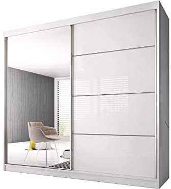 Fabryka Mebli Idźczak Kleiderschrank mit Spiegel - Schwebetürenschrank - Schlafzimmerschrank - 61 x 203 x 218 cm - Schrank für Schlafzimmer, Ankleidezimmer, Garderobe, Wohnzimmer - Weiß