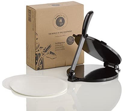 Buddy´s BBQ - Tortillapresse, Tortillas, Tacos, Enchiladas, Burritos Antihaft, Gusseisen, Schwarz, inklusive 100 Blatt Papier, Ø 20 cm