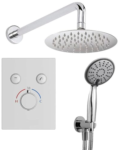 Grifo termostático ducha para empotrar 2 VIAS PUL salida pared. Incluye soporte con toma agua, flexo acero inox., brazo ducha y rociador extraplano. Ducha empotrable con acabado redondeada