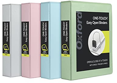 Oxford 3 Ring Binders, Binders for School, 1.5 Inch ONE-Touch Easy Open D Rings, 3-Sided View Binder Covers, Xtralife Hinge, Non-Stick, PVC-Free, Natural Pastels, 375-Sheet Capacity, 4 Pack (79918)