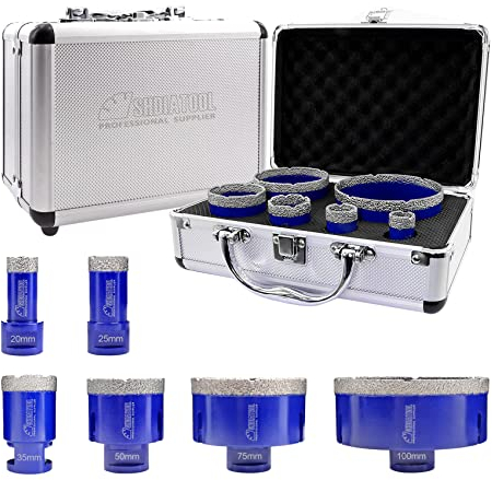 SHDIATOOL Diamant Bohrrone Fliesenbohrer 20/25/35/50/75/100mm mit Koffer Set 6-teilig Diamant Lochsäge für Fliesen,Granit Feinsteinzeug M14-Aufnahme Diamantbohrer-Set Trockenbohren