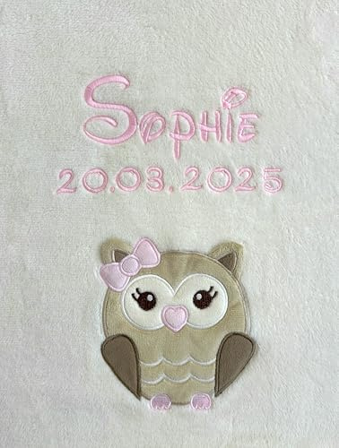 KIDDI-MEDIA Babydecke mit Name und Geburtsdatum Bestickt, Beige, Eule | Kuschelig weich