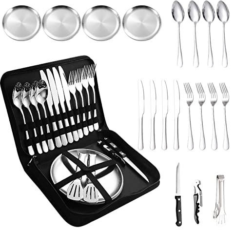 A · HOUSEWARE Camping Silverware Silver Picnic Plates and Utensils Set for 4 Portable Tableware Stainless Steel Dinnerware 20 Pieces With Organizer Bag Reusable Durable