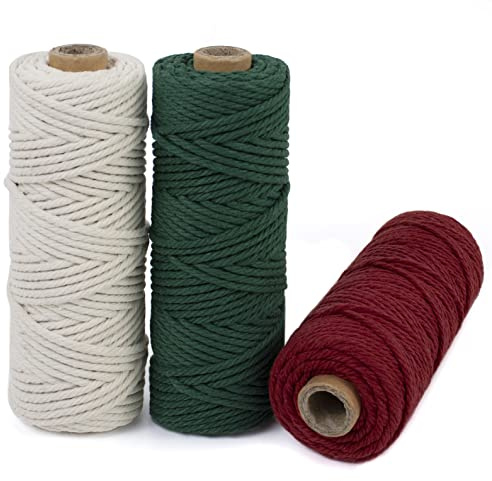 LEREATI Makramee Garn 3mm Set, 150m Makramee-Schnur, Farbig Baumwollseil, Baumwollgarn 3mm zum Makramee Deko, Hängepflanze, Wandbehang, Hochzeitsbogen (Naturfarben, Dunkelgrün, Weinrot)