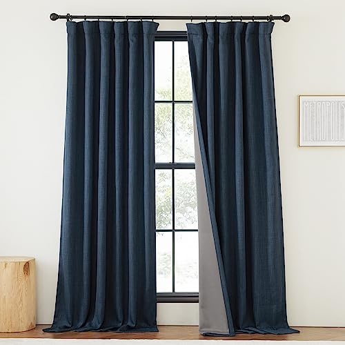 NICETOWN 100% mörkläggning sovrumsgardiner 243 cm långa, nypa veckade termiska gardiner falskt linneblandning ljusblockerande brusreducerande fönsterdraperier för sovrum, marinblå, B 50 x L 96, 1