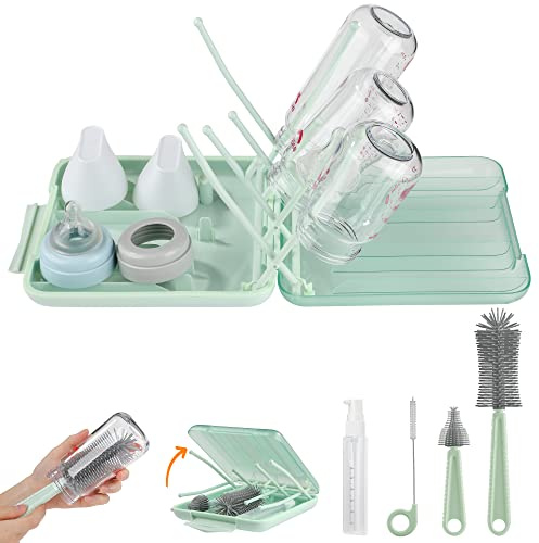 Bottle Brush Set -Baby Travel Essential-6 in 1 Bottle Cleaner Kit with Silicone Bottle Brush,Nipple Cleaner Brush,Straw Brush,Soap Dispenser,Storage Box,Bottle Drying (Pink) (Green)