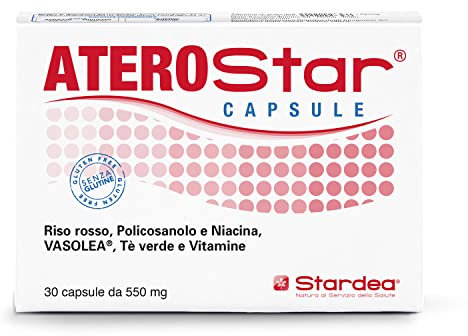 Stardea Aterostar Capsule, Integratore Riso Rosso, Policosanolo, Niacina, Tè Verde, Vitamine, Controllo dei Grassi nel Sangue, Metabolismo dei Lipidi, 30 Capsule