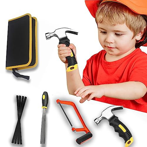 QeeHeng Echtes Werkzeugset für Kinder, 8-teiliges Kinder-Werkzeug-Set mit echten Handwerkzeugen, Werkzeug-Set für Hausbau, Holzbearbeitung, Handwerkzeuge für Jungen und Mädchen, DIY-Anfänger