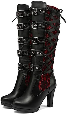 CRETUAO Women's High Heel Knee High Boots,Fashion Rivet Buckle Belt Bow Rider Boots,Sexy Steampunk Chunky High Heel Long Boots,Lace Panel Round Toe Back Zipper Pumps,Red,7 UK