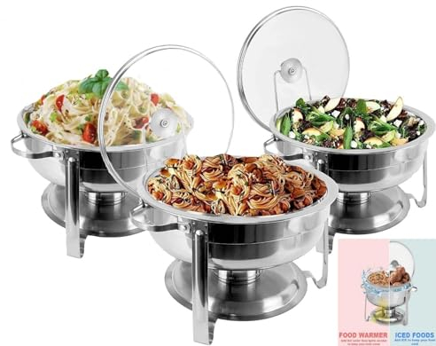 Vintage Gourmet® Round Chafing Dish Buffet Server, Stainless Steel Set of 3 (4.5 Litre) Capacity Food Warmer Chafer with Lid Holder for Buffet Weddings Parties Banquets Catering Events 30cm Diameter