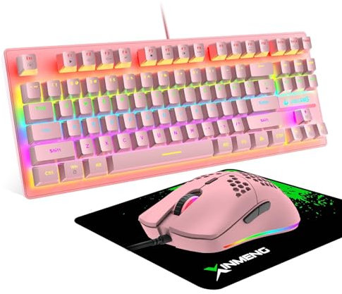 ZIYOU LANG Rose Ensemble de Clavier de Jeu Filaire, TKL 80% Compacte 87 Keys QWERTY, Interrupteur Bleu Clicky Clavier Mécanique Lumineux à Del Arc-en-Ciel + Souris de Jeu Légère 6400 DPI + Tapis