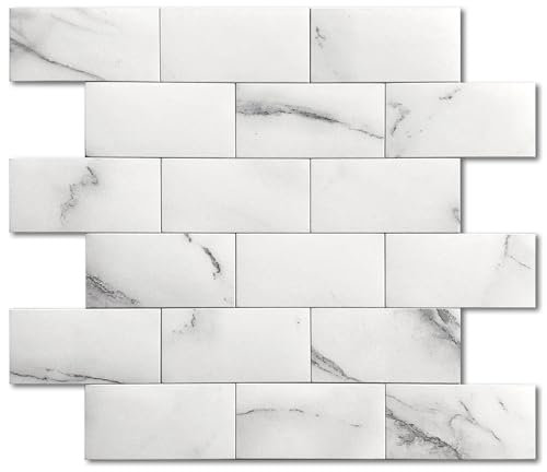 M MOFIT Mosaikfliesen Matte U Bahn Fliesen Selbstklebend,Fliesenaufkleber Marmor Optik Selbstklebende Fliesen Wasserdicht (Weiß 10 Stück)