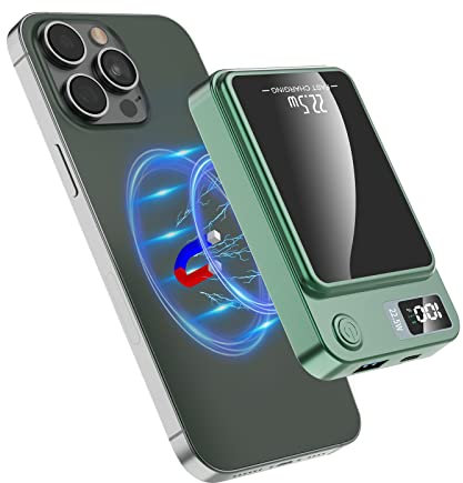 Batterie Externe Magnétique sans Fil 10000mAh 20W USB C Charge Rapide PD QC 3.0 Power Bank Portable Mince et Légère en Mini Taille Compatible avec iPhone 14 15 13 12 Plus Pro Max (Vert)