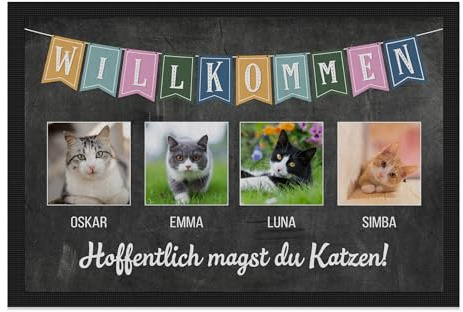 PfotenSchild personalisierte Fußmatte mit Vier Katzen selbst gestalten - Hoffentlich magst du Katzen - individuell mit Fotos & Katzennamen für Katzenbesitzer - 60 x 40 cm