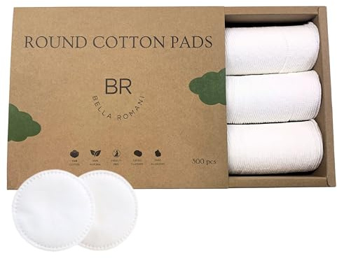 Bella Romani Certified Organic Cotton Rounds (300 Count) Makeup Remover Pads, Hypoallergenic, Lint-Free | 100% Pure Cotton