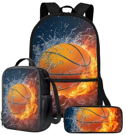 chaqlin skolryggsäck set för barn pojkar skolväskor med lunchlåda och pennfodral set med 3 st barnbokväskor lunchkylväskor pennpåse, En flamma basket, Barnryggsäck