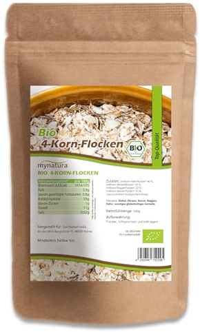 Mynatura Bio 4 - Korn Flocken | Getreideflocken | Roggen | Haferflocken | Weizenflocken | Gerstenflocken | Für Müsli | Zum Backen von Brot und Kuchen | Im Beutel 2000g
