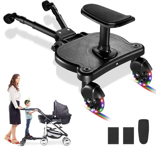 Donken Buggy Board mit Sitz, Kiddy Board, Trittbrett für Kinderwagen, Buggyboard für alle Kinderwagen & Buggies, Universal Stehbrett für Kinder von 2-6 Jahren bis 25 kg (Bunt)