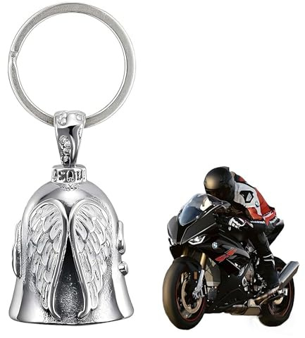 MUYAPAY Guardian Bell Alliage de Zinc, Clochette Moto Guardian Ride Bell, Moto en Forme d'ange Gardien à Suspendre, Porte Clef Motos pour Cyclisme, Vélos Porter Bonheur (Argent)