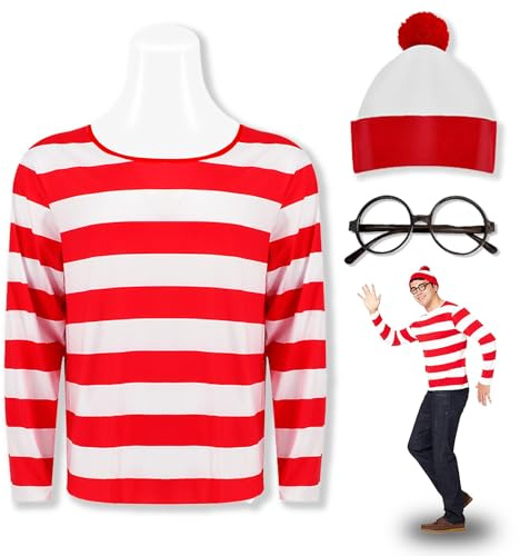 Feeziloe Costume da uomo di Where's Wally, cappello a cilindro, occhiali, calzini, rosso e bianco, costume fresco per la Giornata mondiale del libro