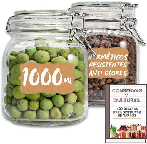 12 Tarros de Cristal Herméticos 1 litro - Con Etiquetas + Ebook de 102 Recetas - Tarros para Conservas, Mermelada, Encurtidos, Fermentar - Vidrio Resistente (12)