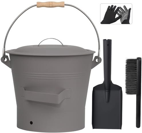 BRIAN & DANY Ash Bucket with Lid, 2.6 Gallon Fireplace Ash Bucket with Shovel and Hand Broom, Metal Bucket for Fireplace, Fire Pit, Wood Burning Stove, Gray