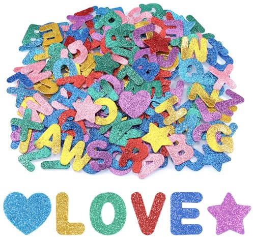Hejo 196 Stück Moosgummi Buchstaben, Bunte Glitzer Selbstklebend | Funkeln Aufkleber, Buchstaben Aufkleber, Glitter Alphabet Klebebuchstaben Groß für Kartendekoration Kinder Lernen (7 Farben)