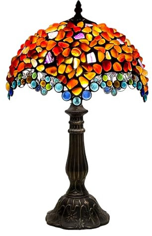 BOTOWI Tiffany Tischlampe, Achat Bernstein Buntglas Lampe, 12 Zoll Vintage handgemachter Stein Lampenschirm mit Harzsockel, Tiffany Stil Nachttischlampe für Schlafzimmer Wohnzimmer Büro,Orange
