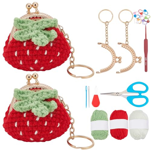 ORIGACH 2 Stück Erdbeer Geldbörse Häkelset Für Anfänger, DIY Kiss Lock Brieftasche Starter Häkelset Für Erwachsene Mit Schritt Für Schritt Videoanleitung