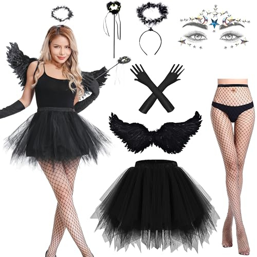 Aragallant 80CM Ali d'Angelo, Diavolo Costume Donna, Costume da Angelo con Ali di Piume Cerchietto Tutu Bacchetta Magica, Costumi Adulti Donna per Carnevale Halloween Cosplay