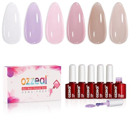 Milky White x Jelly Nude - Set di 6 smalti per unghie gel UV (6 colori trasparenti), senza HEMA, asciugatura UV/LED, finitura Sheer per French Nails, DIY & Salon