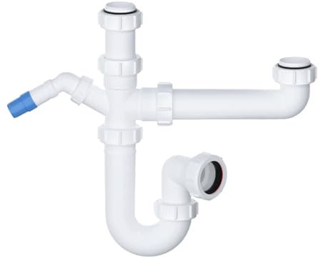 PlumbEZ Standard Bowl and Half Kitchen Sink Waste Kit with Washing Machine Waste Pipe Connector, 40mm Pipe fits 1.1/2, 75mm Water Seal, Universal Outlet 1.5 Bowl Kit