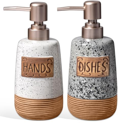 Hand and Dish Soap Dispenser Set, Farmhouse Ceramic Soap Dispenser for Kitchen Sink, 15 OZ Vintage Hand Wash Liquid Dispenser for Bathroom Farmhouse Modern Kitchen Decor Accessories