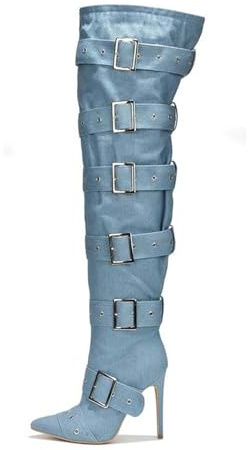 YhdtHSF 12CM Super High Heel Schnalle Pointed Toe Over-The-Knee Stiefel Sexy Große Größe Mode Stiefel,Blau,38 EU