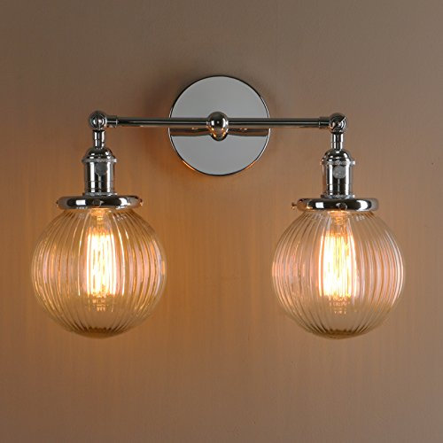 Lámpara de pared moderna industrial vintage doble con pantalla de cristal transparente acanalada para loft, bar, cocina (cromo)