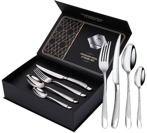 Set di posate da 24 pezzi, posate martellate, in acciaio inox, forchetta, cucchiaio, set di posate per 6 persone, posate moderne in argento, per casa/ristorante/feste