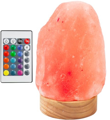 LIAVOP Lámpara de Sal del Himalaya con Mando a distancia, Hecha a Mano con Base de Madera