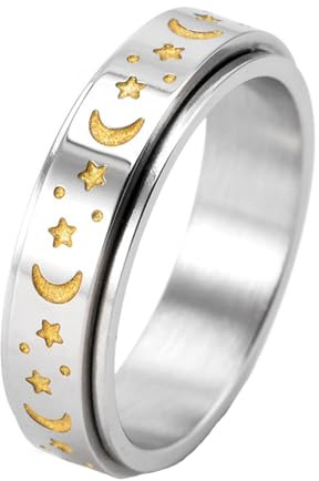 Calefee Drehringe für Damen Anti Stress, Trauringe Edelstahl für Herren Schlicht Bandring Drehbar mit Stern Mond 6 mm Breit, Größe 47 bis 72