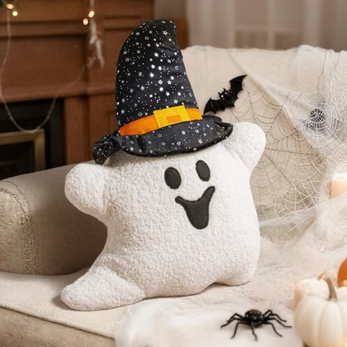 Lanpn Halloween Ghost Throw Pillow, Happy Fun Cute White Ghost Black Hat Decorative Soft Stuffed Plush Pillow Cushion for Gift Party Home Sofa Couch Bed Indoor Halloween Decor (White,16 x 19 inch)