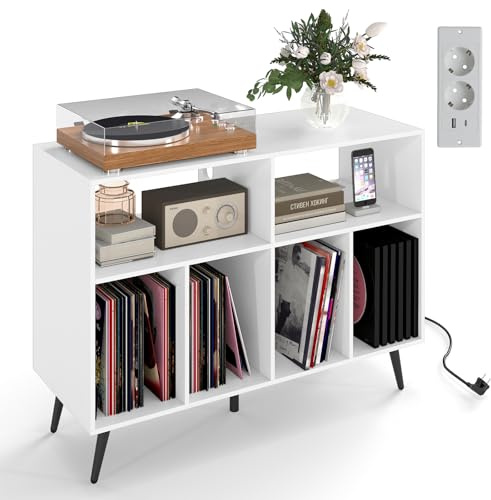 COSTWAY Estante para Discos con Estación de Carga, Gabinete de Vinilos con 4 Estantes y 5 Patas Metálicas, Mesa para Tocadiscos con Tomases, Puertos USB y Type-C (Blanco)