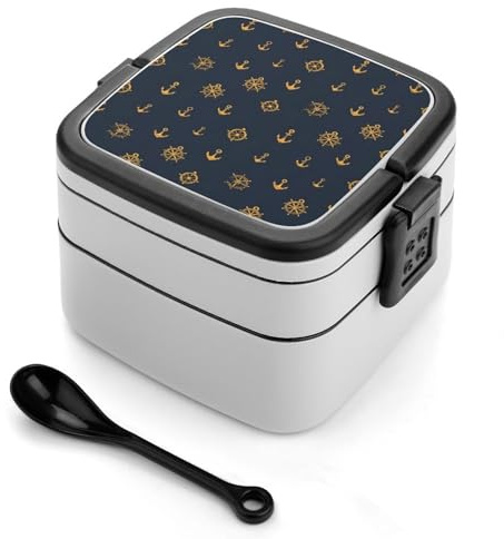 TZTTZT Bento box con stampa di ancora con timone, piccolo contenitore per insalata per pranzo, carino contenitore per il pranzo per adulti, donne, uomini, riutilizzabile, doppio pranzo impilabile