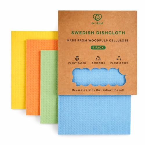 ECOKIND | 4 Pack Swedish Dish Cloths | Reusable Cleaning Cloth for Washing Up | Eco-Friendly & Plastic Free |Suitable for Any Surface | Multi-Purpose