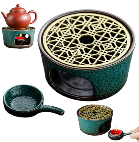 Stövchen für Teekanne Keramik, Teewärmer Porzellan mit Teelichthalter & Herdmatte - 15 cm Ø Hohl Geschnitztes Design, Ideal für Tee, Kaffee, Milch (Grün)