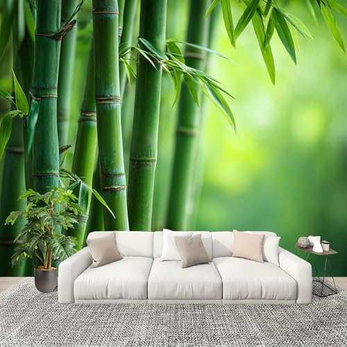 Sala de estar Fotomurales 300x210cm Plantar Bosque De Bambú Hojas De Bambú Tejido No Tejido Fotomurales Verde Claro Mural Se aplica a Pared Panorámico Para Dormitorio TV Pared Murales Póster